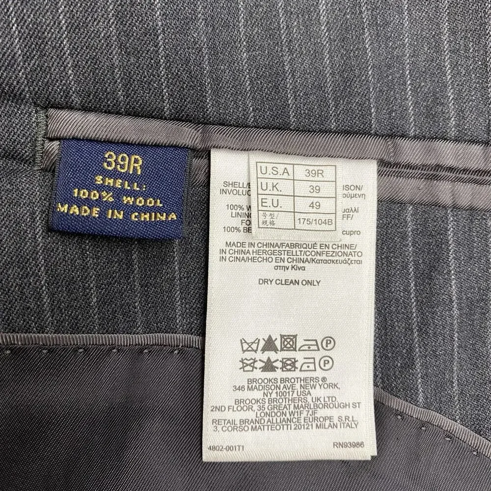 Brooks Brothers 346 Fitzgerald Fit Charcoal Gray Pinstripe Wool Suit 39R 34x30
